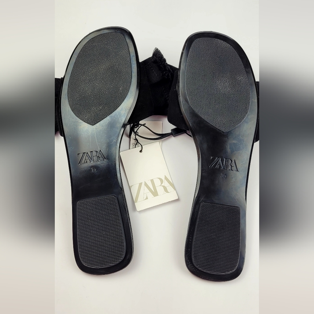 Zara Black Bow Slide Sandals Size 38 NEW With Tags Leather Airfit - Picture 6 of 10